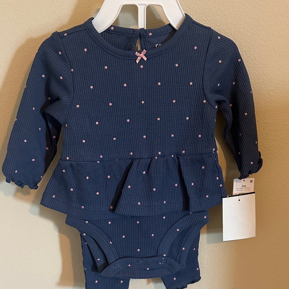 Navy Blue Baby Outfit with Pink Polka Dots